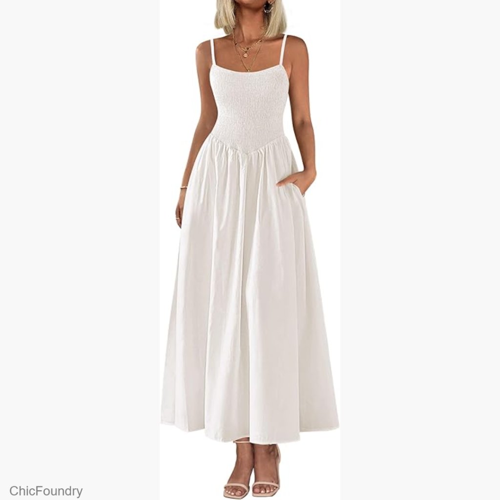 Smocked Maxi Sundress With Spaghetti Straps, A-Line Swing, Pockets